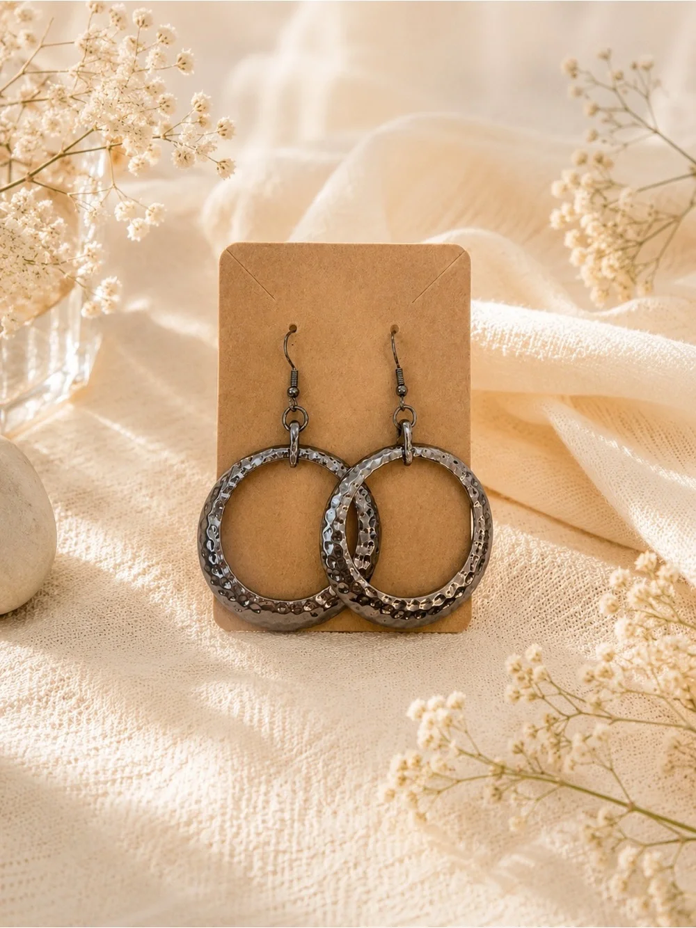Hammered Hoop Drop Earrings - Black Metal Fashion Jewelry NWOT